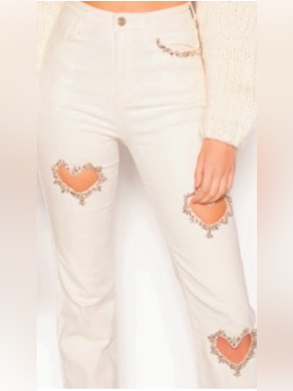 NWT Beautiful Rhinestone Cutout Jeweled Heart Jeans Ivory juniors 11 W 30 💎